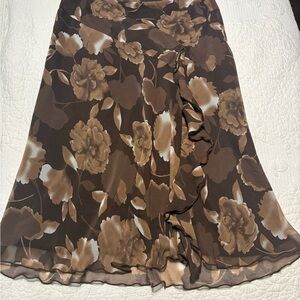 Sag Harbor Brown and Taupe Floral Midi Skirt with Front Ruffle